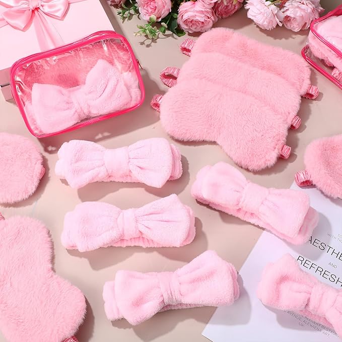 Hoteam 54 Pcs Pink Spa Party Supplies Girls Sleepover Party Favors Set of 18, Pink Bow Headbands, Sleep Eye Masks, Clear Cosmetic Bags for Girls Women Spa Birthday Bachelorette Slumber Favor Gifts