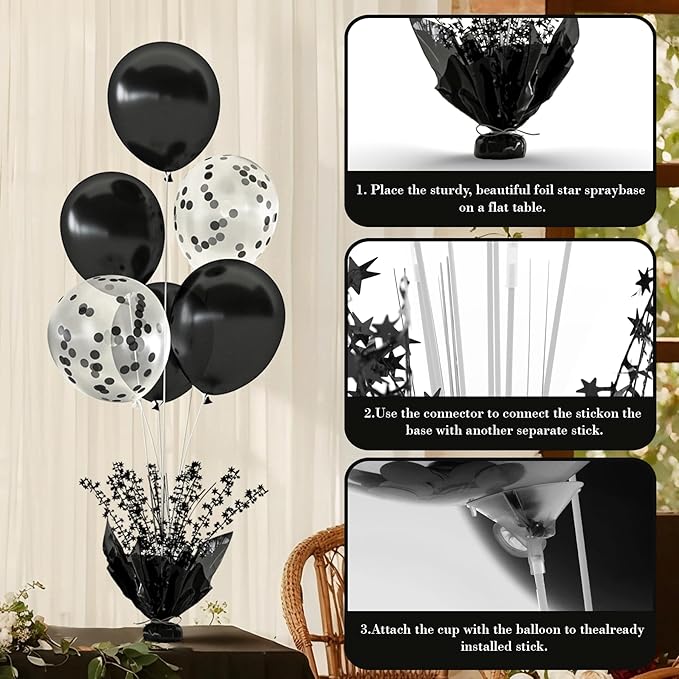 6 Set Black Table Balloons Foil Spray Centerpiece with Black and Confetti Balloons Stand Kit for Birthday Party Baby Shower Wedding Bridal Shower Prom Retirement Graduation Table Decorations