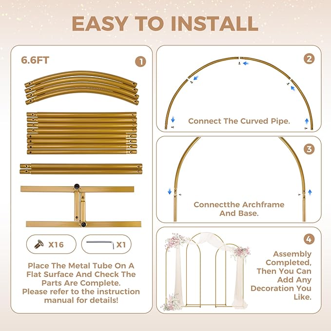 Babenest Gold Arch Backdrop Stand Set of 3, 6FT/6.6FT/7.2FT Metal Arch Weeding Round Tube Stand, Balloon Arch Frame for Ceremony Birthday Party Bridal Baby Shower Banquet Decoration