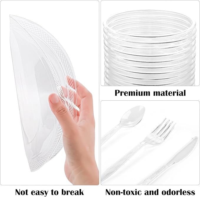 Aodaer 400 Pieces Clear Party Supplies Disposable Dinnerware Set Include Plastic Plates Cups Knives Forks Spoons Paper Napkins for Birthday Wedding Graduation Parties, Serve 50 Guests