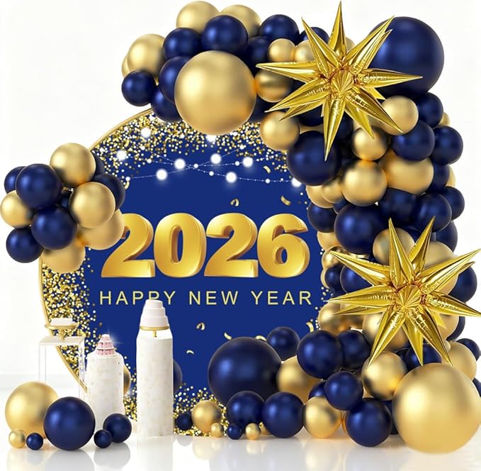 YongFoto 2026 Happy New Year Round Backdrop Cover 6ft Gold Blue Photography Background Merry Christmas Xmas Eve New Year's Night Festival Carnival Family Celebration Party Banquet Decor Banner