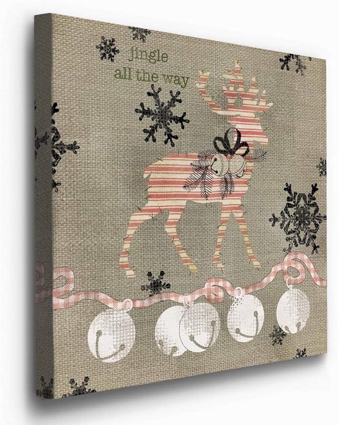 Renditions Gallery Jingle All the Way Reindeer Wall Art, Christmas & Winter Decor, White & Red Striped Fabric Look, Premium Gallery Wrapped Canvas, Ready to Hang, 16 in H x 16 in W, Made in America