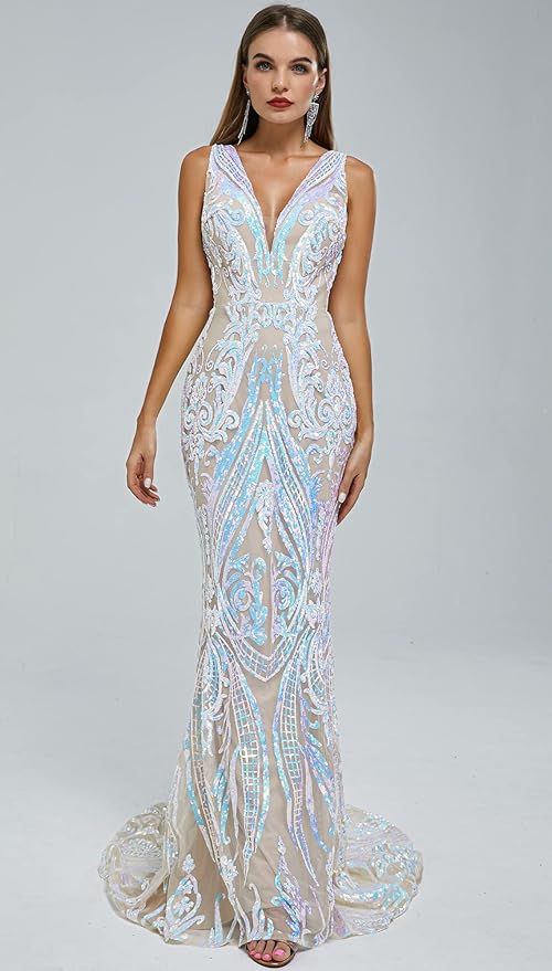 Women's Double V-Neck Sequins Lace-up Mermaid Evening Dress