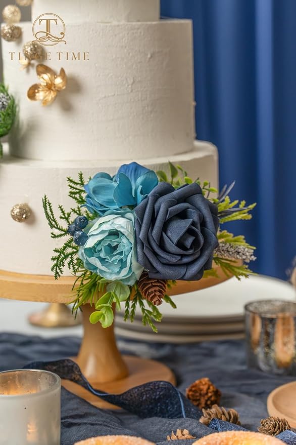TINGE TIME 3Pcs Wedding Cake Topper Pre-made Set, Navy Blue Artificial Wedding Cake Flower for Reception & Anniversary, Silk Floral Wedding Toppers for Cake, Valentines Cake Topper Decorations