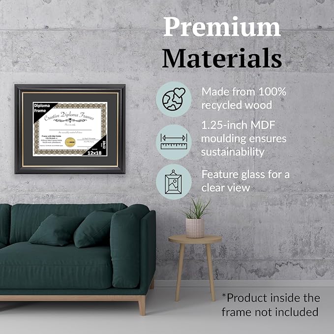 Creative Picture Frames 12" x 18" Rockefeller Black with Gold Rim Diploma Frame, Displays 12" x 18" Certificate or 16" x 20" Document without Mat, College Degree Frame, Full-Strength Glass, Black Mat