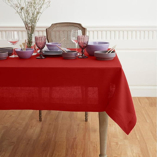 Solino Home Linen Red Tablecloth 60 x 132 Inch - 100% Pure Linen Rectangular Tablecloth - Machine Washable Table Cloth for Valentines - Fete