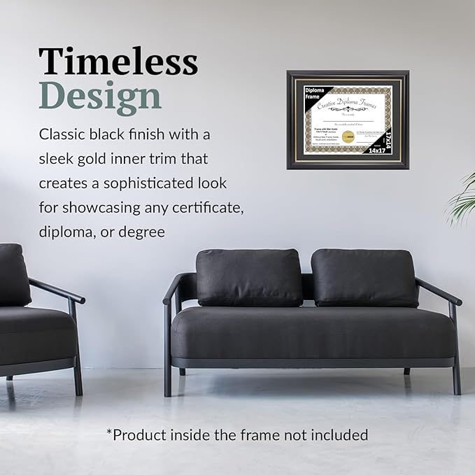 Creative Picture Frames 14" x 17" Rockefeller Black with Gold Rim Diploma Frame, Displays 14" x 17" Certificate or 16" x 20" Document without Mat, College Degree Frame, Full-Strength Glass, Black Mat