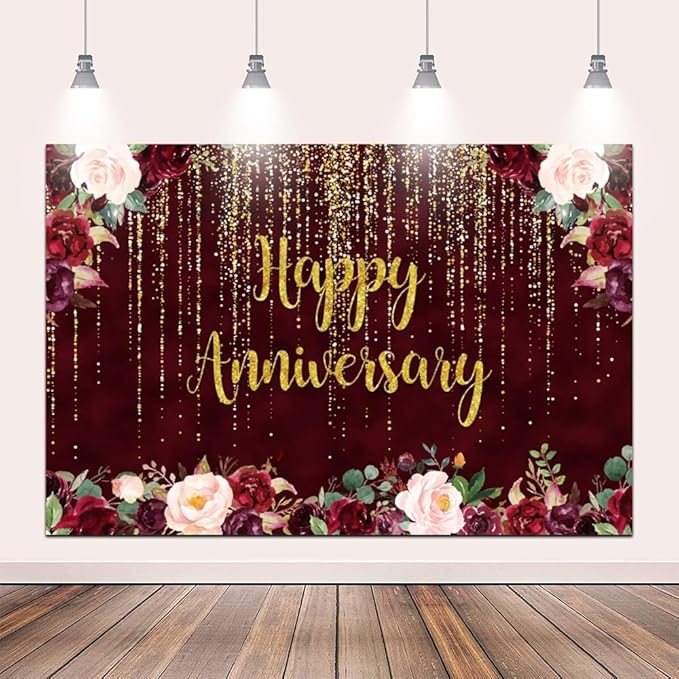 9x6ft Happy Anniversary Backdrop, Gold Glitter Burgundy Wedding Anniversary Photography Background 1st 40th 50th 66th Couple Wedding Women Birthday Floral Party Decorations Cake Table Decor