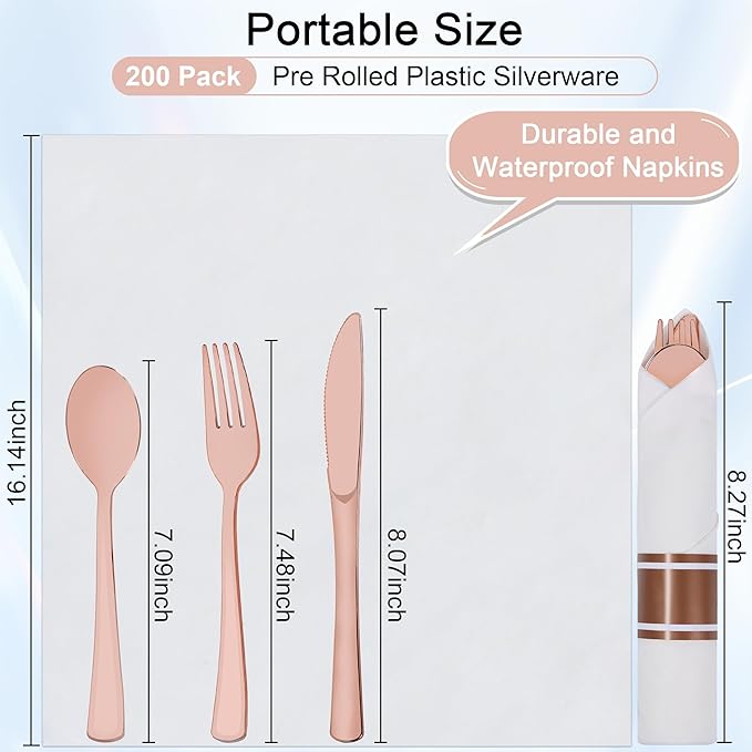 800 PCS Pre Rolled Cutlery Sets, Premium Rose Gold Plastic Flatware Set Wrapped in Napkin, Disposable Cutlery Set with 200 Forks, 200 Knives, 200 Spoons, 200 Napkins for Upscale Wedding, Party, Dinner