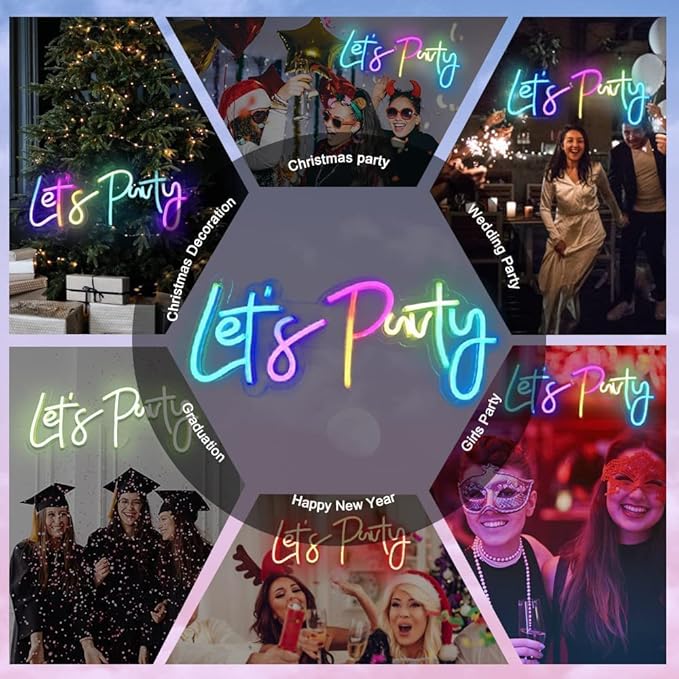 JXIN Colorful Lets Party Neon Sign for Wall Decor, Let's Party Sign for Birthday Wedding Party, Color Changing Light with Remote, Music Sync, Timing & APP Control, Gifts for Loved Ones, 23"x10"