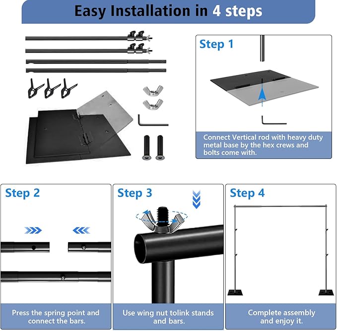 SLOW DOLPHIN Pipe and Drape Photography Backdrop Stand Kit Adjustable Photo Background Stand 10ft x 6.5ft with Metal Base for Parties Weddings Birthday Party Events Photo booth