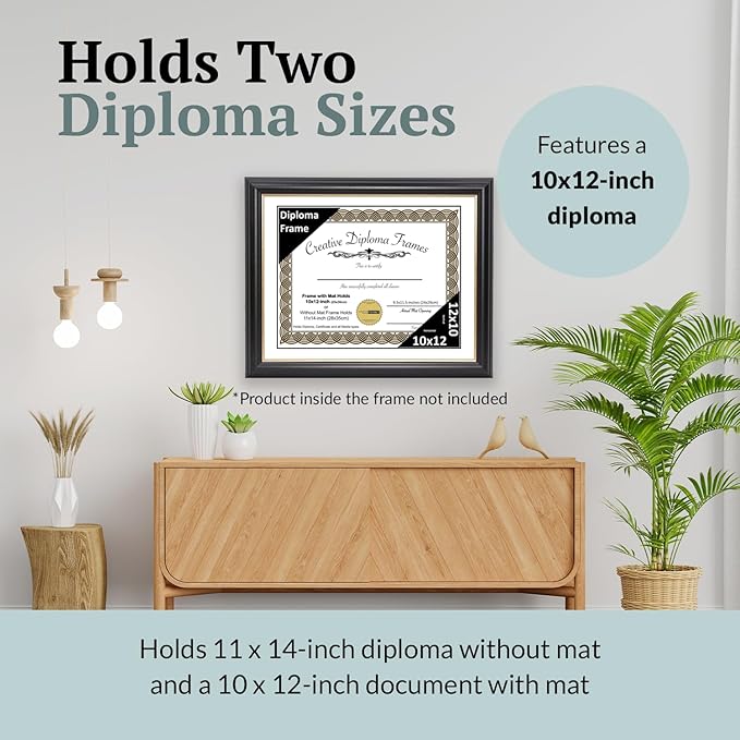 Creative Picture Frames 10" x 12" Rockefeller Black with Gold Rim Diploma Frame, Displays 10" x 12" Certificate or 11" x 14" Document without Mat, College Degree Frame, Full-Strength Glass, White Mat