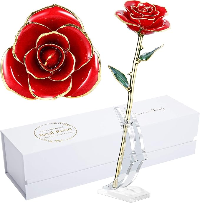 Valentines Day Gift Rose,24k Gold Real Rose Gift for her and Great Valentines Gift for her Rose, red Rose with Stand