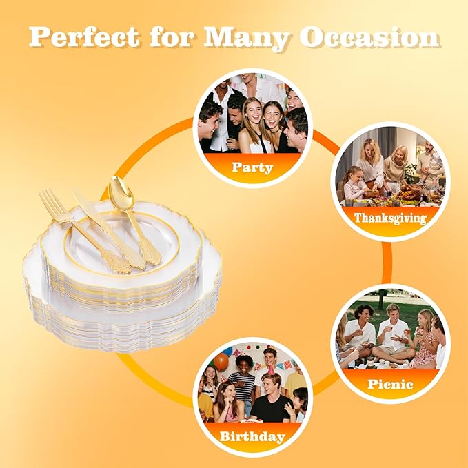 YOUBET 125PCS Gold Plastic Plates - Clear Gold Disposable Plates - 25 Guests Baroque Plastic Dinnerware Includes 25Dinner Plates, 25Dessert Plate, 75Silverware for Party & Wedding