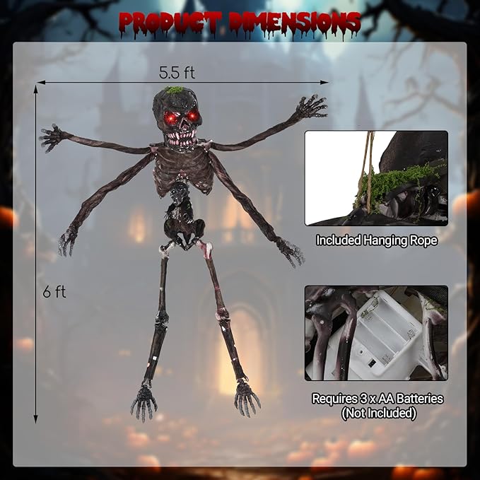 BECOMFORT 6 FT Hanging Animatronic Halloween Decoration, Sound-Activated Hanging Zombie with Shaking Body, Glowing Eyes, Creepy Sounds & Posable Arms, Animated Halloween Props for Indoor & Outdoor
