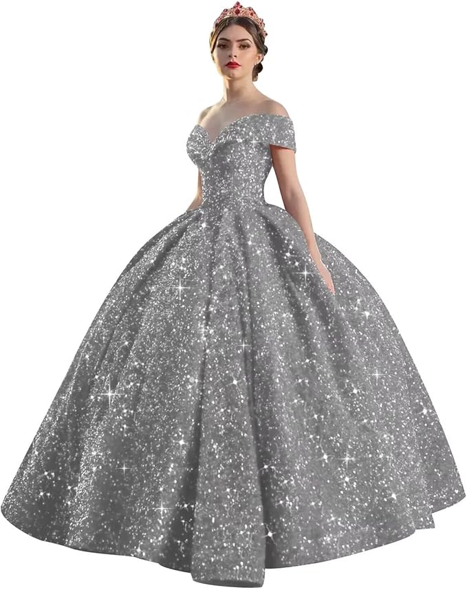 Quinceanera Dress Long Ball Gown Sparkly Sequin Off Shoulder V Neck Prom Dresses