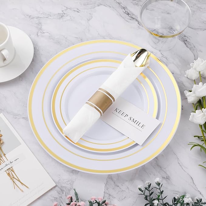 BESTVIP 525PCS Gold Plastic Dinnerware Set for 75 Guests, Disposable Plates for Party, Include: 150 Plastic Plates, 75 Pre Rolled Napkins with Gold Silverware, 75 Cups for Christmas, Halloween