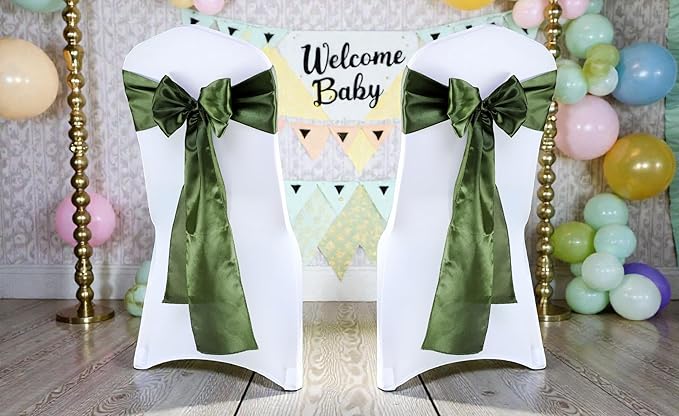 VDS Satin Chair Sashes Chair Cover Back Tie Sateen Bows Ribbon for Wedding Birthday Graduation Engagement Ceremony Event Party Banquet Venue Hotel All Dining Chair Decoration (75PC) (Olive Green)