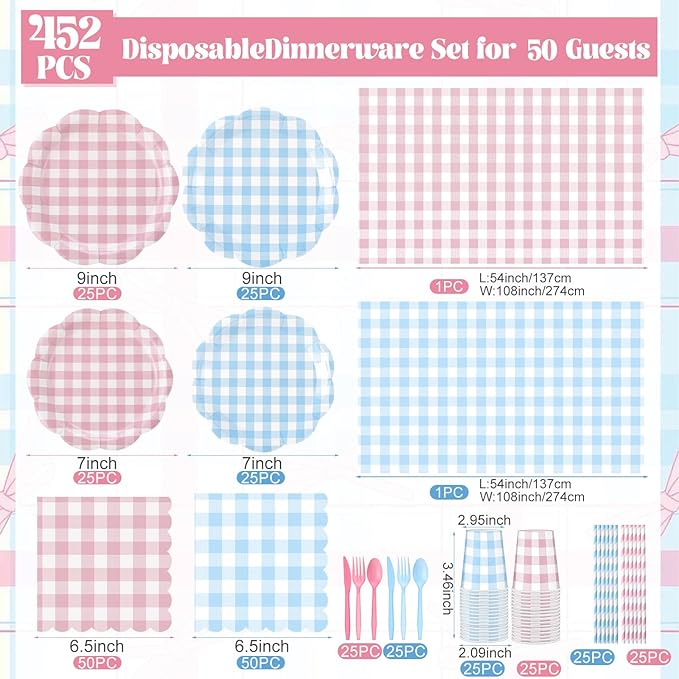 452 Pcs Gender Reveal Gingham Party Decoration for 50, Pink and Blue Gingham Checkered Paper Plates Napkins Cups Tablecloth Cutlery Straws for Gender Reveal Baby Shower Party Supplies