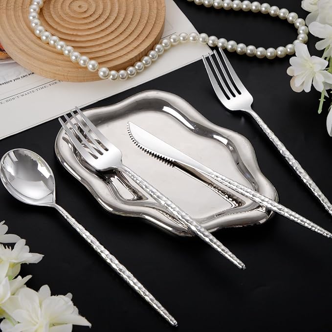 Supernal 360Pcs Silver Plastic Silverware,Disposable Silverware Heavy Duty,Hammered Disposable Cutlery,Plastic Utensils Set Include 120 Knives,120 Forks and 120 Spoons for Wedding,Party&Halloween