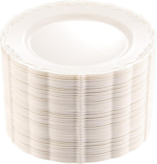 DaYammi 60PCS Ivory Plastic Plates, Fancy Plastic Plates Disposable Heavy Duty Disposable Plates Premium 10inch Ivory Dinner Platos Hard Plastic Platos Disposable for Party Wedding Bridal Shower