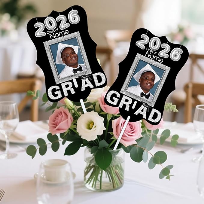 Personalized Graduation Double Sided Face Fan Class of 2026 Customized Graduation Head Face Cutout with Handle Fun Photo Prop Supplies(A-Black and Silver,12pcs)