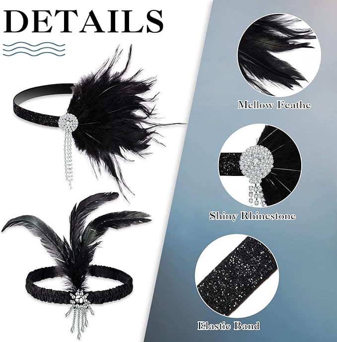 Yingzhao 20 Pcs 1920s Flapper Costume Headband Black Feather Headpiece 1920s Theme Party Accessories for Women