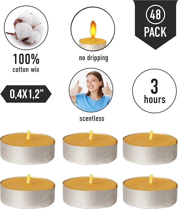 100% Pure Beeswax Tealight Candle Set of 48-3 Hours Lasting Smokeless Tealight Candles - Cotton Wick - Unscented Tea Light Candles - Candle Lover Gift