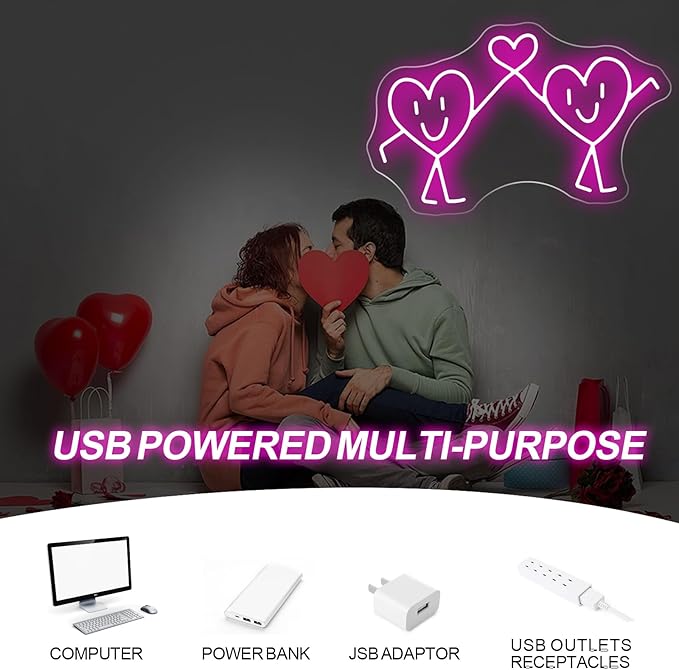 Cute Twin Heart Neon Sign - 5-Level Dimmable USB Pink Neon Signs & Valentine's Day Decor, Ideal for Weddings, Parties, Shop Walls, Teen Girl Bedroom Wall Art