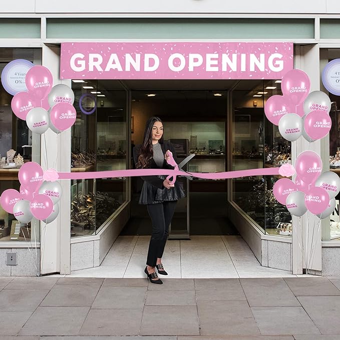 Upper Midland Products Deluxe Grand Opening Ribbon Cutting Ceremony Kit - 25" Giant Scissors, Pink Satin Ribbon, Banner, Bows, Balloons & More