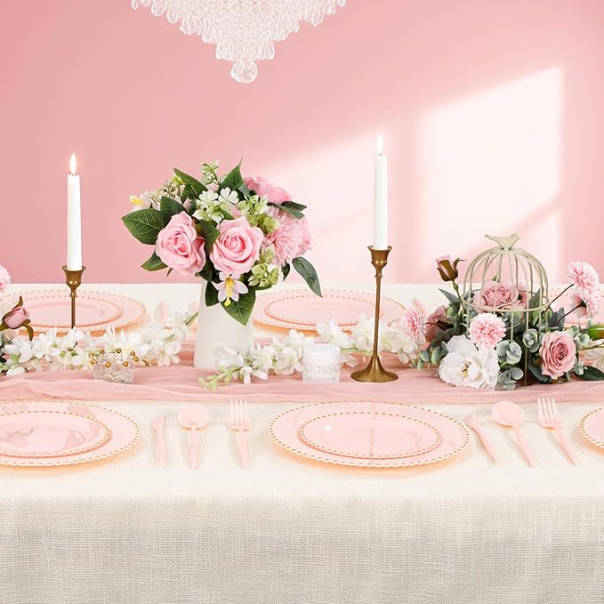 Supernal 360Pcs Pink Plastic Silverware,Heavy Duty Disposable Silverware,Hammered Disposable Cutlery,Pink Utensils Set Include 120 Knives,120 Forks and 120 Spoons Suitable for Wedding,Party&Birthday