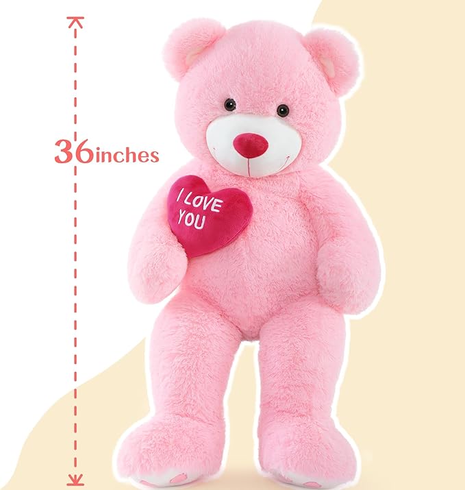 Red Heart Giant Teddy Bears, Big Teddy Bear Stuffed Animals with Embroidered I Love You for Girlfriend, Huge Valentines Fluffy Teddy Bear Birthday Gifts (Pink, 36 inches)
