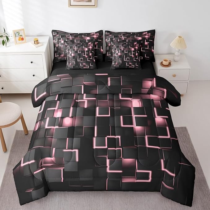 Feelyou Pink and Black Bedding Set King Size Light Geometric Comforter Set with Sheets 7 Piece for Kids Boys Decor Bed in a Bag Modern Style Bed Set
