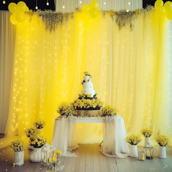 30ft x 10ft Yellow Backdrop Curtain with Lights String for Parties, Sheer Tulle Wedding Photo Backdrops Drapes for Baby Shower Birthday Party Decorations Background for Photography