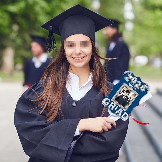 Personalized Graduation Double Sided Face Fan Class of 2026 Customized Graduation Head Face Cutout with Handle Fun Photo Prop Supplies(A-Blue and Silver,12pcs)