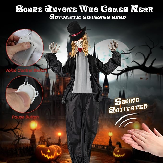 BECOMFORT 7.2 FT Halloween Animatronics, Sound-Activated Skeleton Groom with Glowing Eyes, Creepy Sounds, Moving Head & Posable Arms, Animated Halloween Props Decoration for Indoor & Outdoor