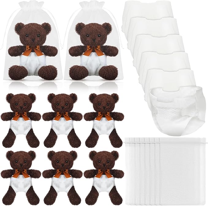 6 Sets Bear Blindfolded Diaper Changing Baby Shower Games Baby Dolls Diapers for Bridal Shower Gender Reveal Games Prizes Gifts for Adults Boys Girls (Chocolate)