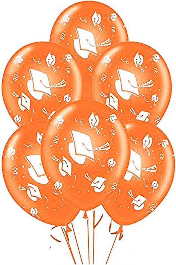 PMU 100 Pcs Orange Graduation Balloons Class of 2025 with All-Over Print White Grad Caps-Confetti and Streamers | Graduation Party Supplies | Congratulations Grad Latex Balloons Latex