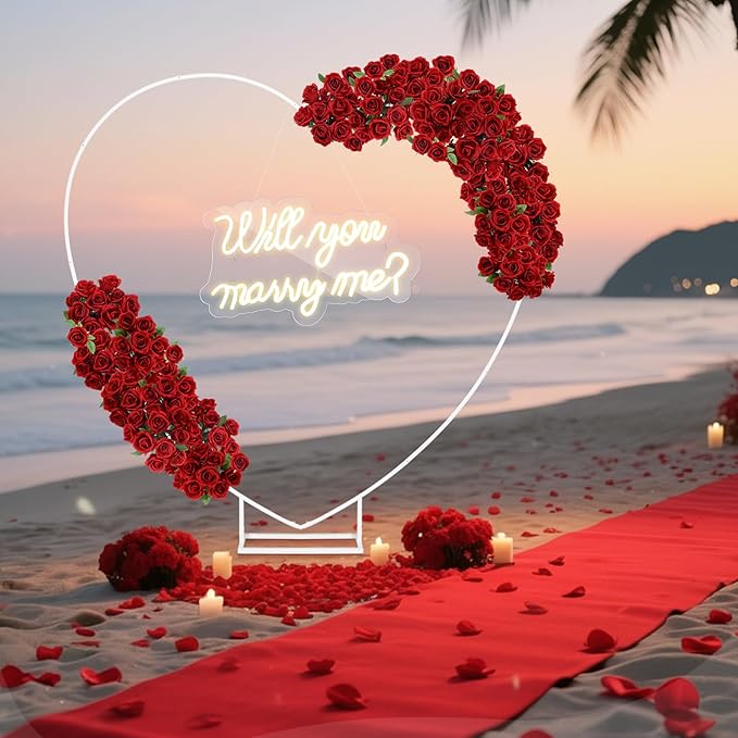 Breling 6.6ft Large Metal Heart Arch Stand and Will You Marry Me LED Neon Light Sign Backdrop for Outdoor Proposal Wedding Engagement Bridal Valentine and Birthday Party Decor (Red)
