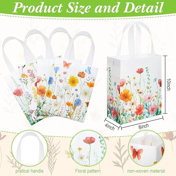 48 Pcs Floral Gift Bags Wildflower Party Favor Reusable Non Woven Treat Tote Welcome Flower Goodie Gift Bags with Handle for Wedding Guest Birthday Bridal Baby Shower Decor Party Supplies