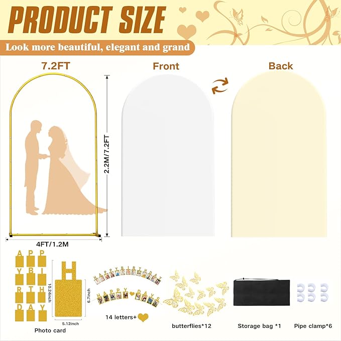 7.2FT Wedding Arch Backdrop Stand and Cover ,Double-Color Spandex Fitted Arch Covers Round Top Balloon Arched Frame for Wedding/Baby Shower/Birthday/Party/Graduation /Indoor Outdoor Use (White +Ivory