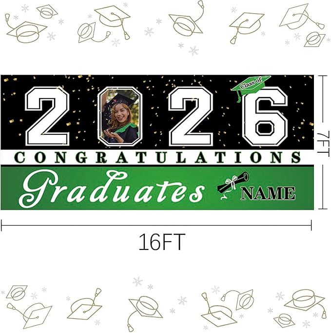 Custom Graduation Garage Door Banner Decoration 7x16ft with Photo Congrats Garage Door Cover 2026 Party Photo Booth Backdrop Party Supplies(Light Green)