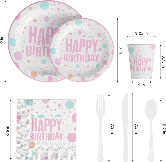 Exquisite 350 Pcs birthday Plastic Plates For Party, birthday Disposable Plates Set, 50 Of Each 9" Dinner Plate Set, 7" Dessert Plate, Cups, Napkins & Cutlery Plastic Dinnerware