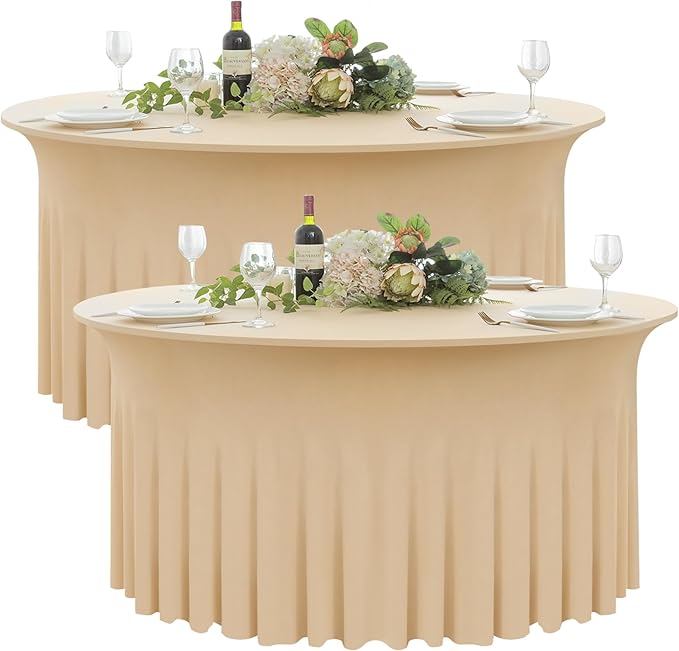 2 Pack Champagne Round Spandex Tablecloth 60 Inch, Wrinkle Free Stretch 120 Inch Round Fitted 5ft Tables, Ruffle Skirt Table Covers for Wedding Party Banquet