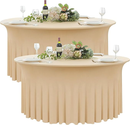 2 Pack Champagne Round Spandex Tablecloth 60 Inch, Wrinkle Free Stretch 120 Inch Round Fitted 5ft Tables, Ruffle Skirt Table Covers for Wedding Party Banquet