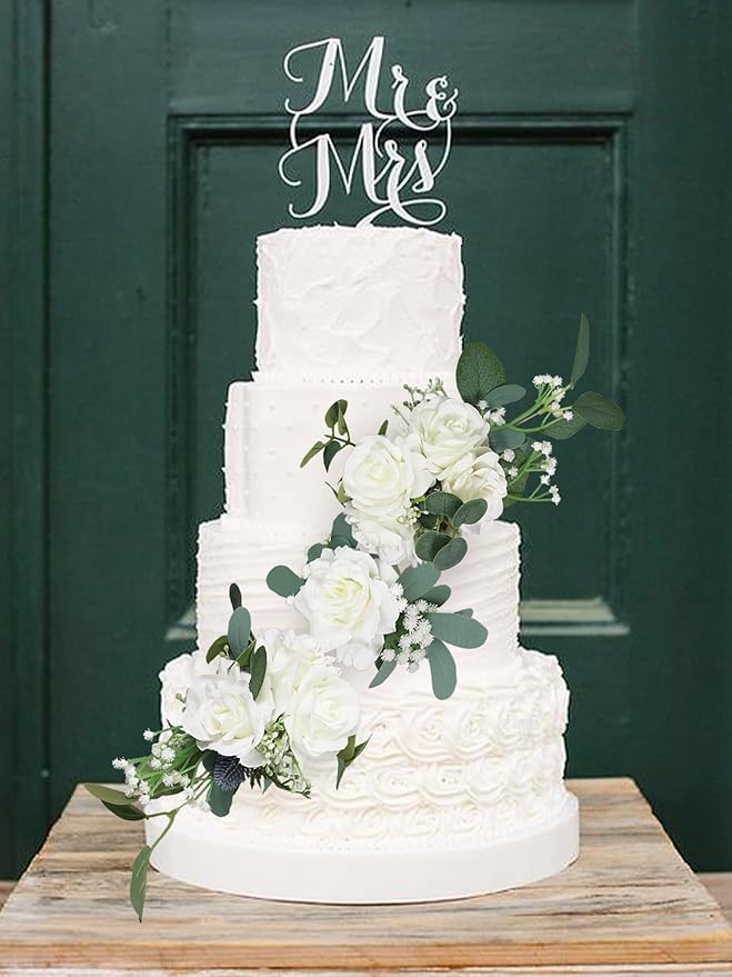 Rinlong 3Pcs Pre-made Cake Flowers White Green Cake Decorations Wedding Cake Decorating Flowers Decor Birthday Baptism Party Artificial Flowers Cake Toppers