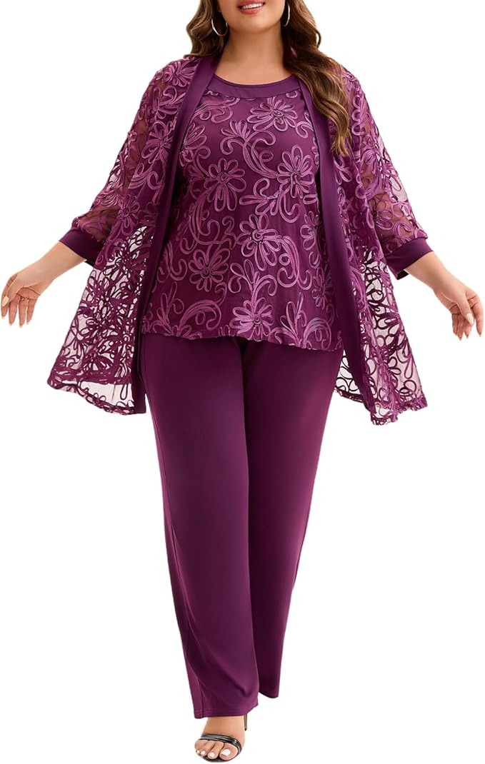 Plus Size 3 Piece Floral Embroidered Pantsuit Set Women Mother of Bride Wedding Guest Formal Evening Cocktail Party Attire