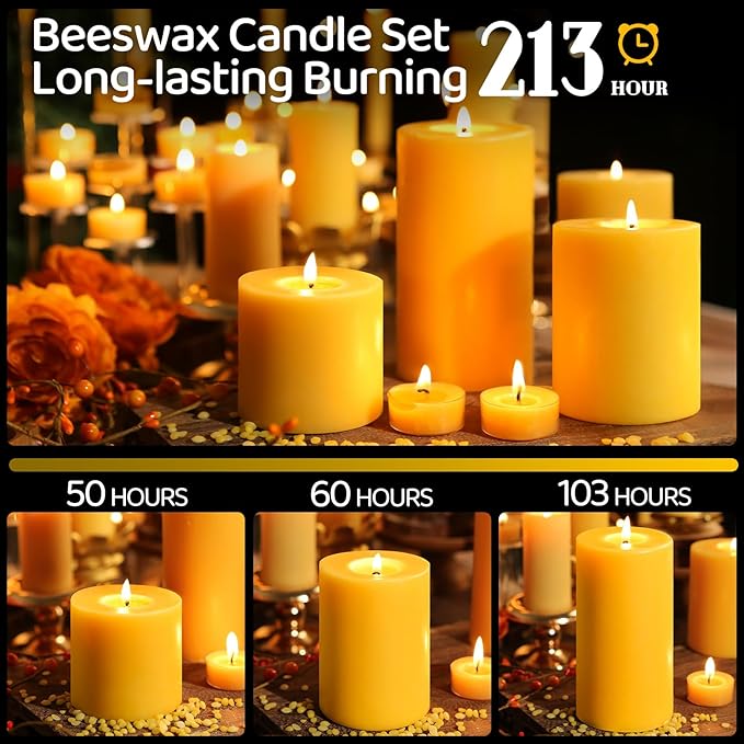 Natural Beeswax Pillar Candles Set of 3,Pure Beeswax Candles 213 Hours Long Burning,Unscented 100% Bees Wax Candle for Home,Emergency,Dripless Smokeless Organic Pillar Candle Bulk-3x3in,3x4in,3x6in