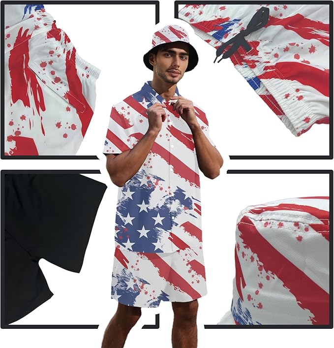 Men's Hawaiian Shirt and Shorts Set 2 Piece Beach Outfits with Bucket Hats for Beach Days and Summer Vibes
