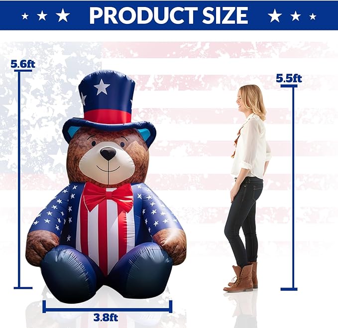 5.6FT 4th of July Inflatables Bear with Bow LED Inflatable Outdoor Holiday Yard Decorations Blow Up Decor for Patriotic Decorations Advertising Business Promotion
